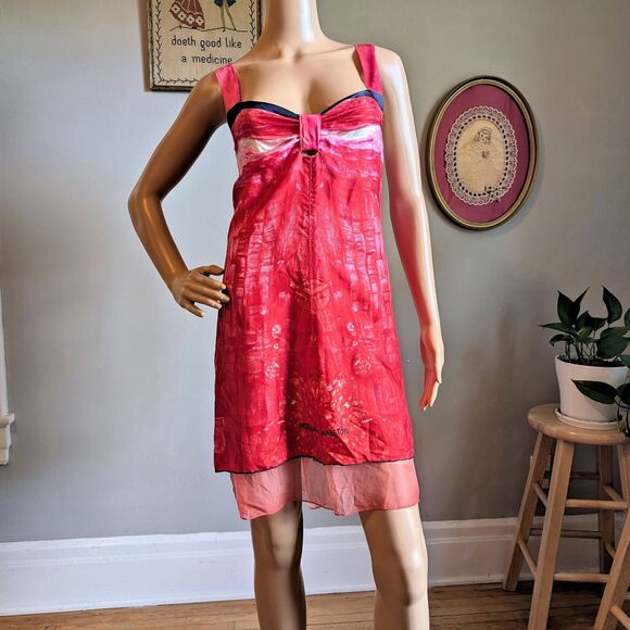 Vintage Launch by Susan Young Halston Print Mini Dress Silk Bow Pink Coquette L - Picture 2 of 16